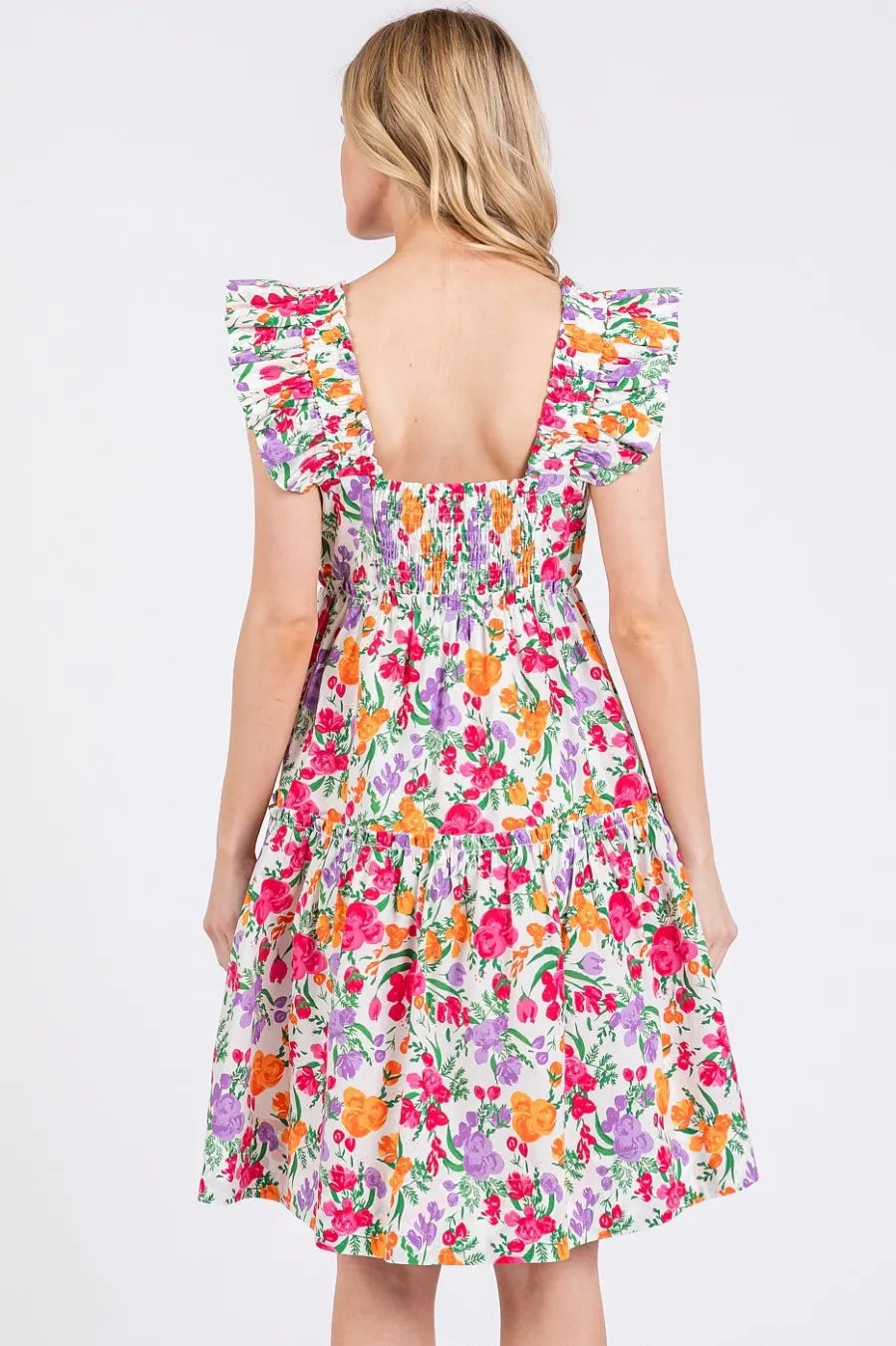 Flower Print Ruffle Shoulder A-line Mini Dress - Luxe & Lavender