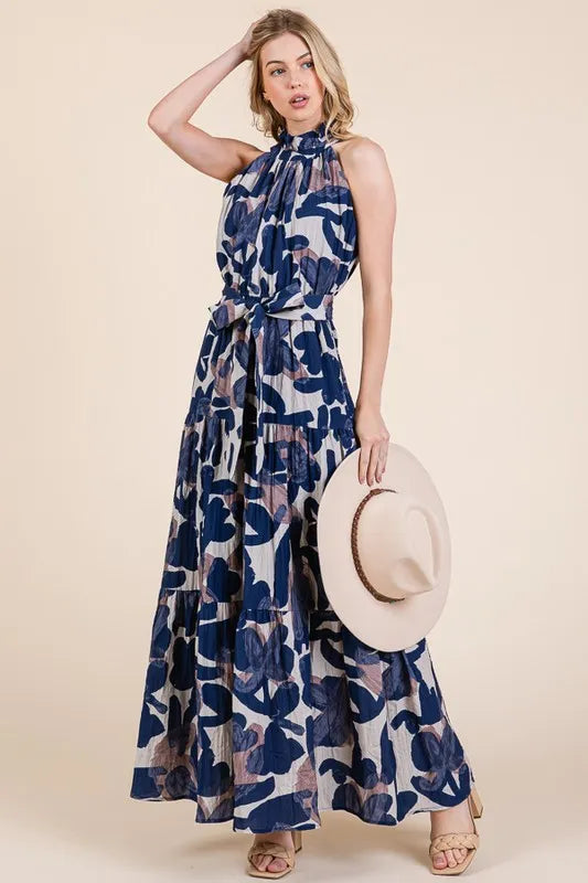 Halter Neck Tie-Waist Tiered Maxi Dress - Luxe & Lavender