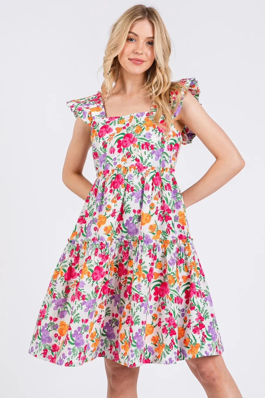 Flower Print Ruffle Shoulder A-line Mini Dress - Luxe & Lavender