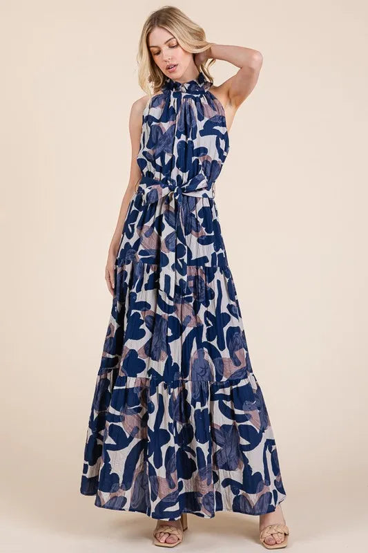 Halter Neck Tie-Waist Tiered Maxi Dress - Luxe & Lavender