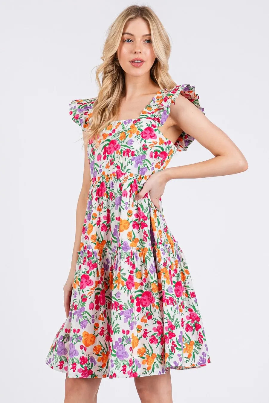 Flower Print Ruffle Shoulder A-line Mini Dress - Luxe & Lavender