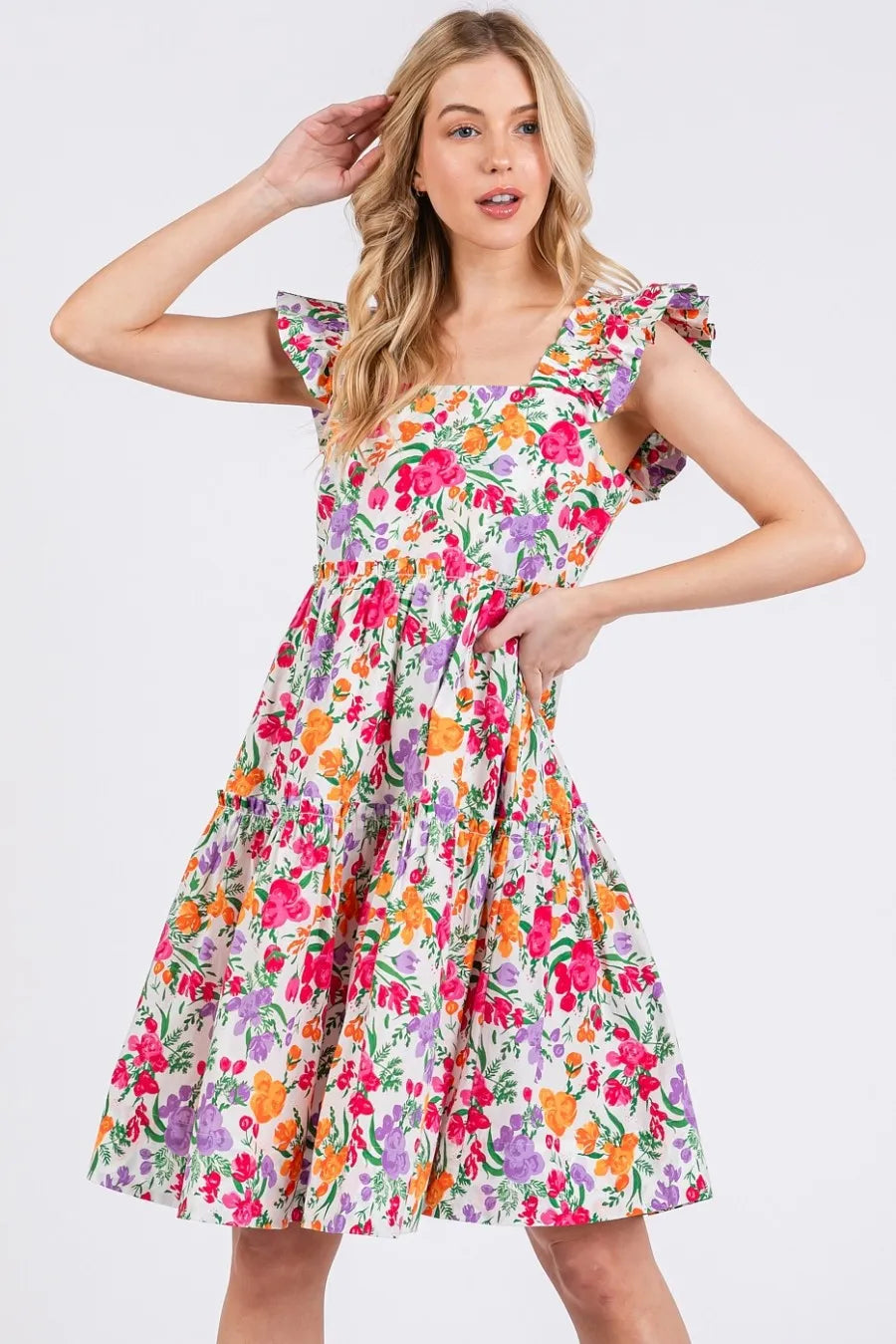 Flower Print Ruffle Shoulder A-line Mini Dress - Luxe & Lavender