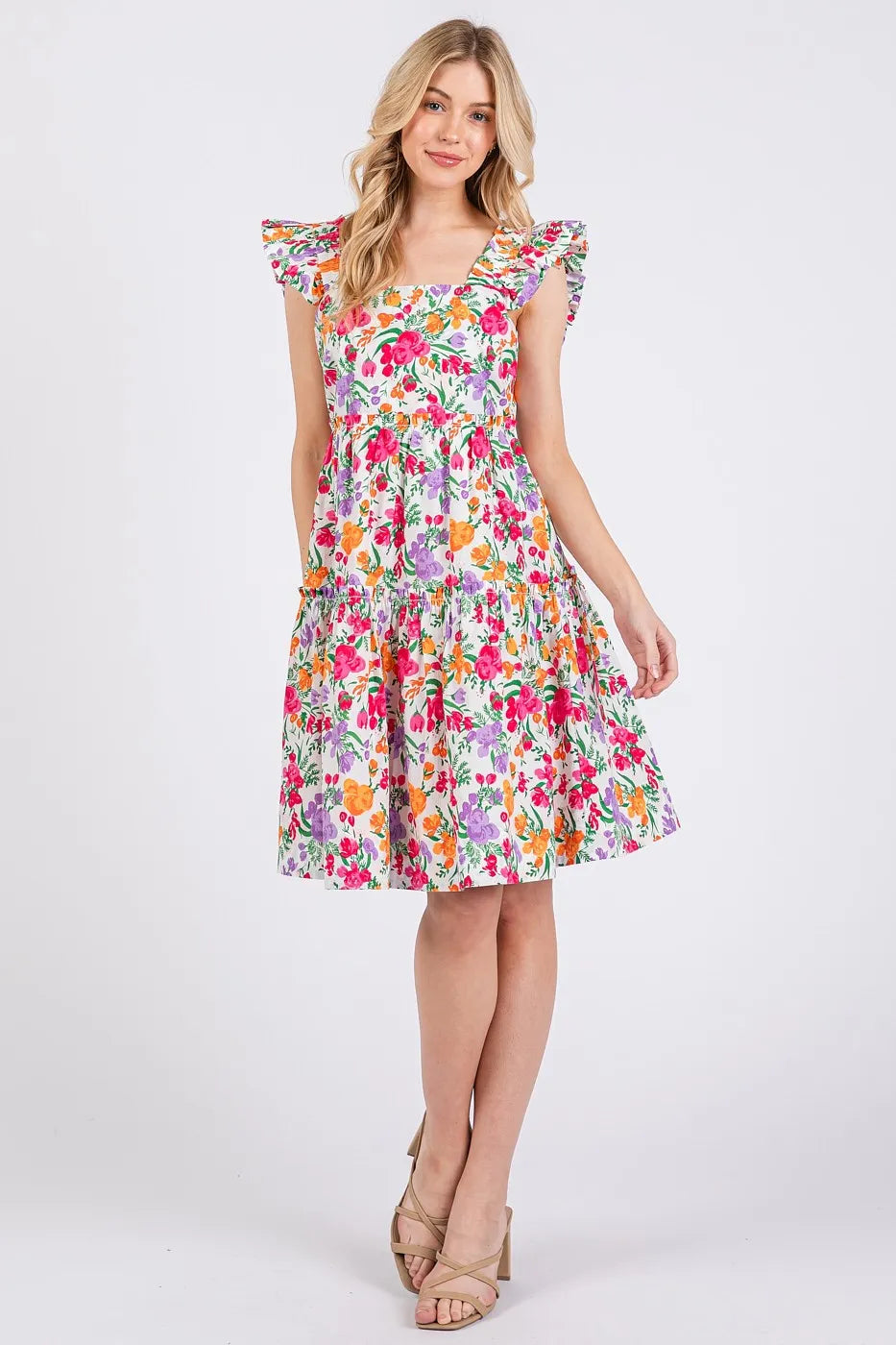 Flower Print Ruffle Shoulder A-line Mini Dress - Luxe & Lavender