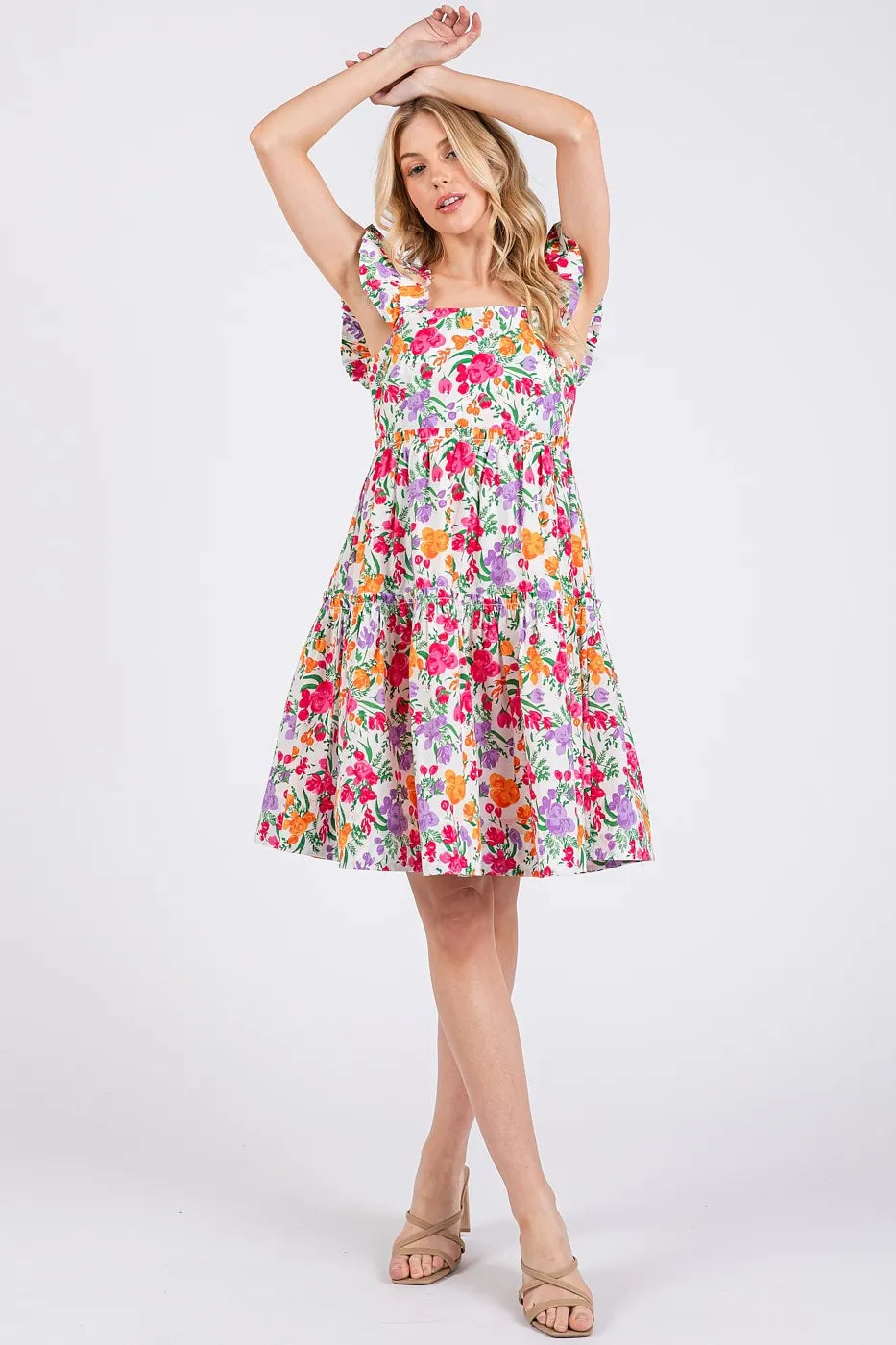 Flower Print Ruffle Shoulder A-line Mini Dress - Luxe & Lavender