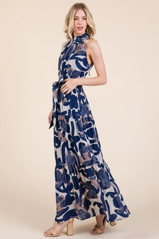 Halter Neck Tie-Waist Tiered Maxi Dress - Luxe & Lavender