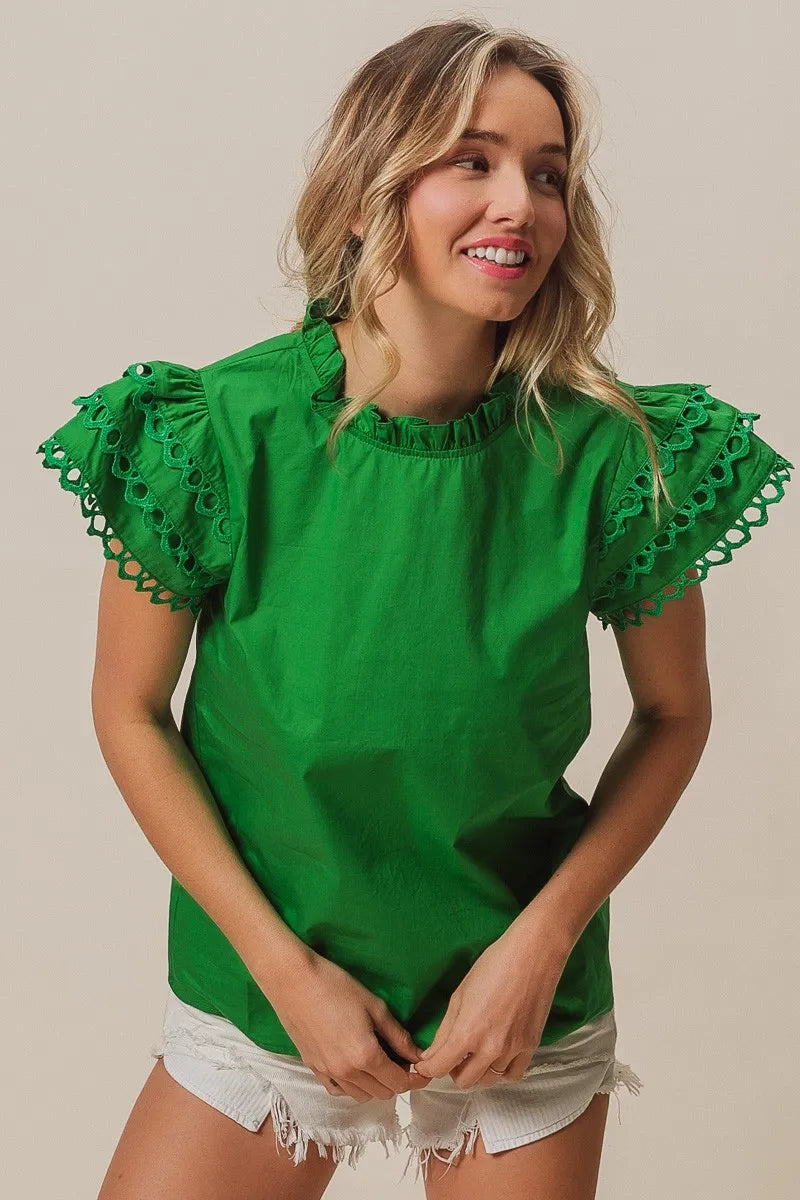 Solid Woven Circle Trim Ruffle Top - Luxe & Lavender
