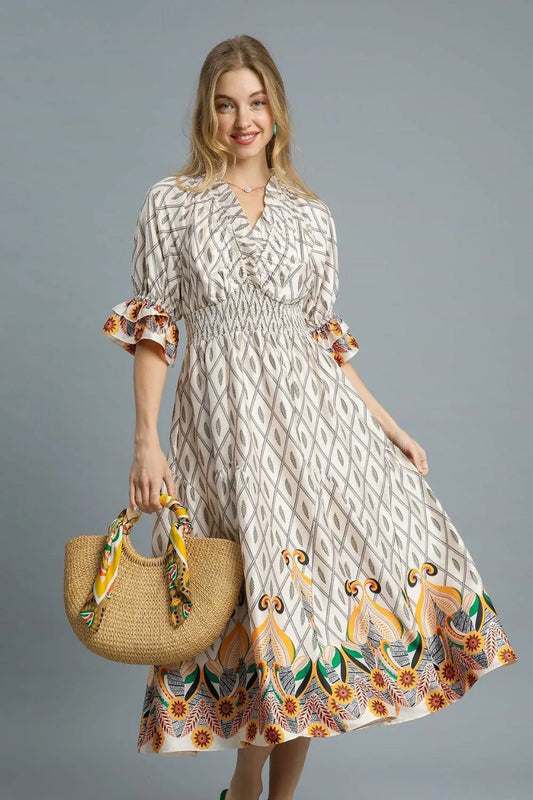 Umgee Printed Smocked Waist Flounce Sleeve Midi Dress - Luxe & Lavender