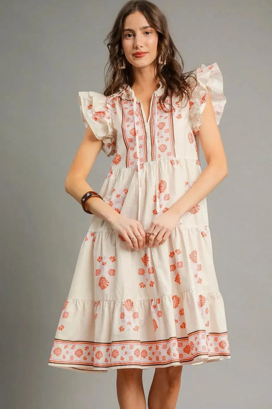 Printed Tie Neck Ruffle Cap Sleeve Dress - Luxe & Lavender