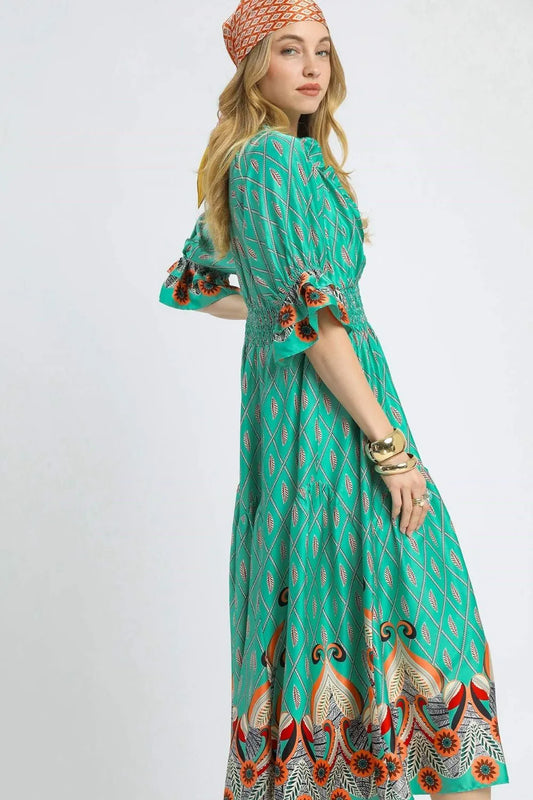 Smocked Waist Flounce Sleeve Midi Dress - Luxe & Lavender