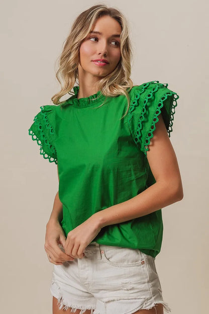 Solid Woven Circle Trim Ruffle Top - Luxe & Lavender